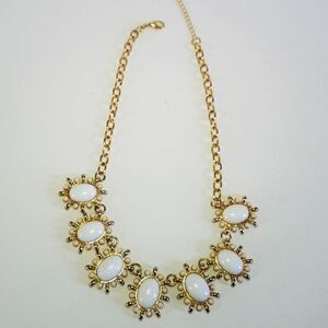 Chunky Gold Tone White Cabochon Statement Bib Necklace